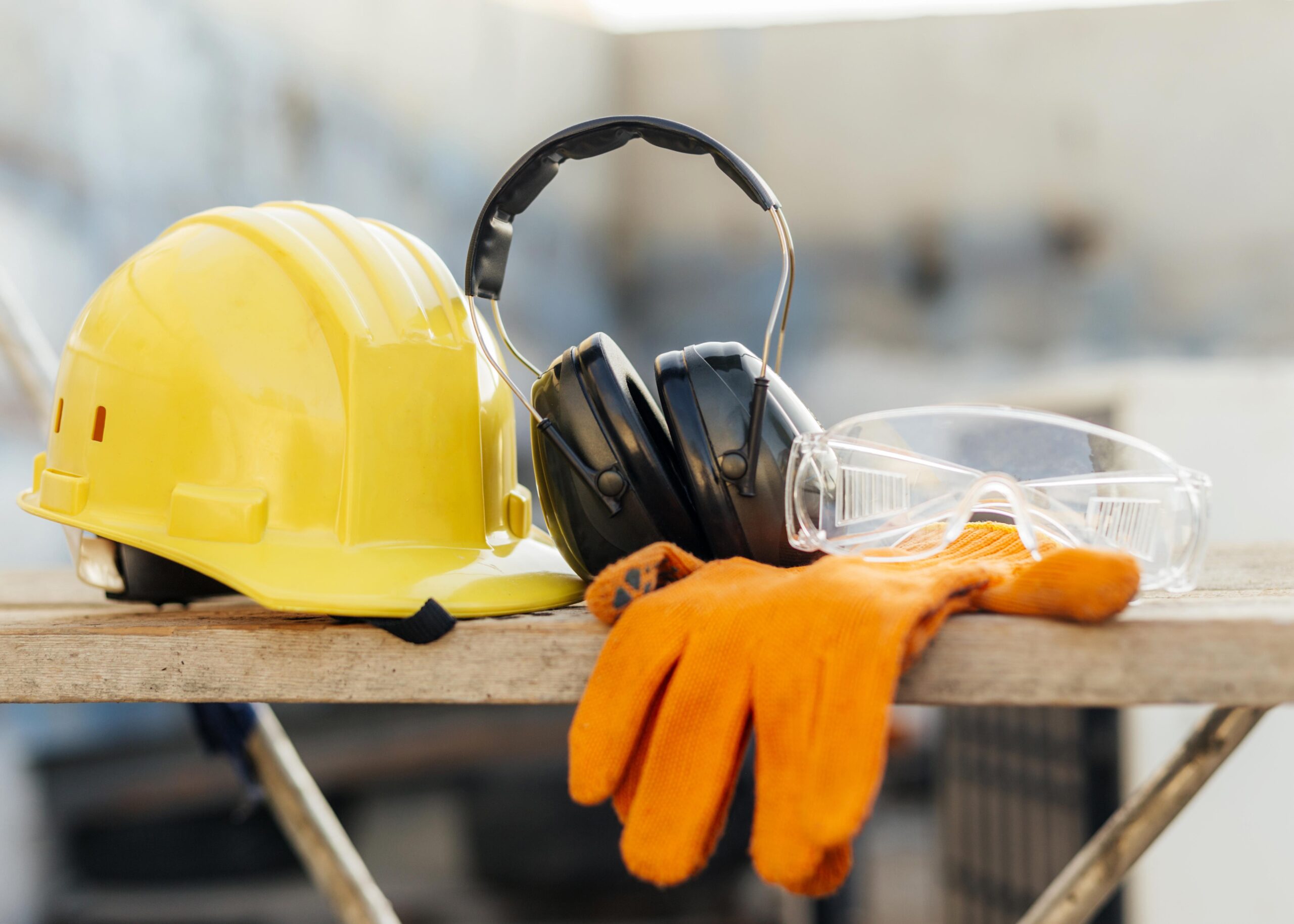 Free photo front view of protective glasses with hard hat and headphones