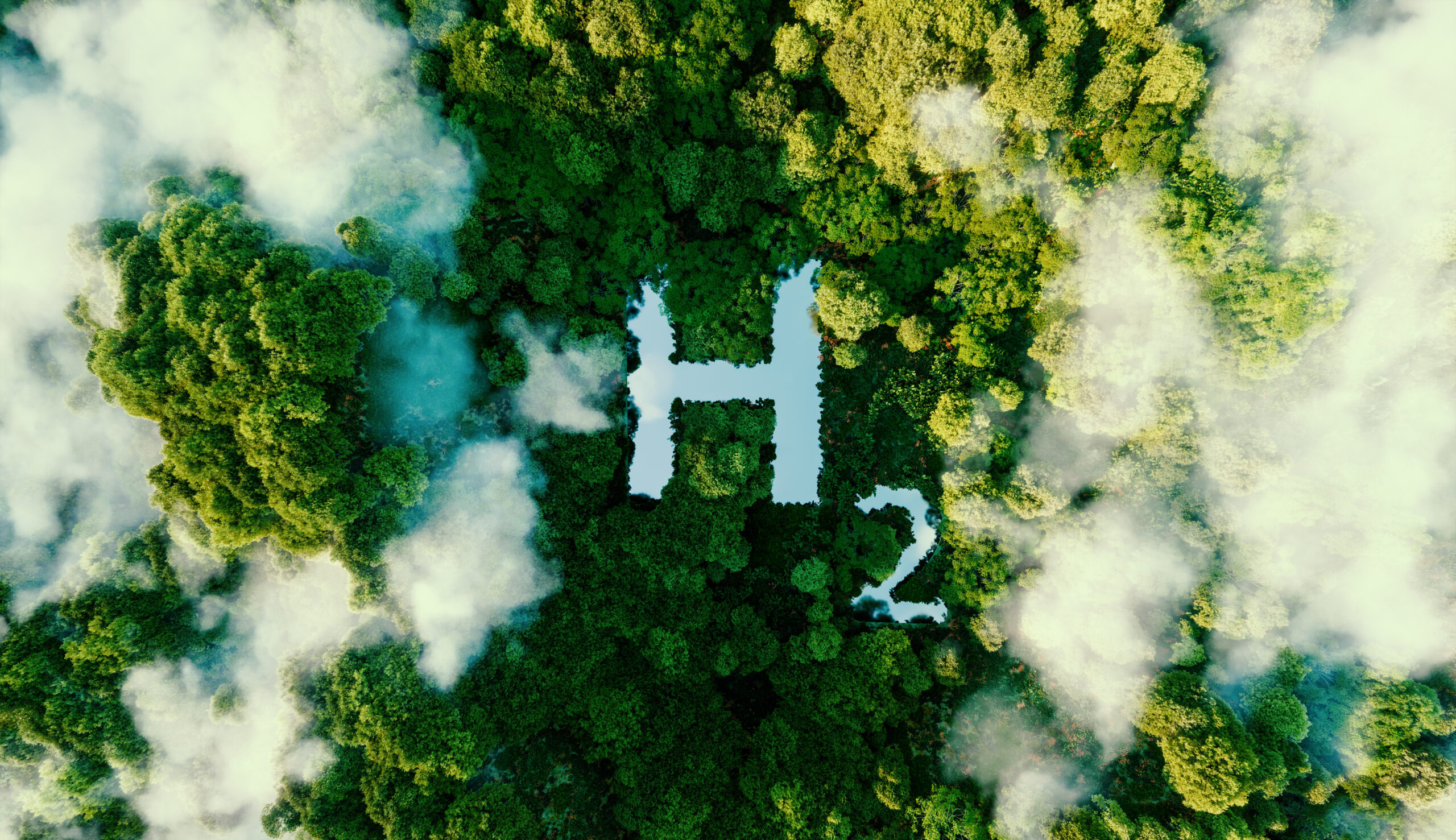 Vista de cima de um lago no formato de H2, simbolizando hidrogênio verde. Imagem feita por iA.